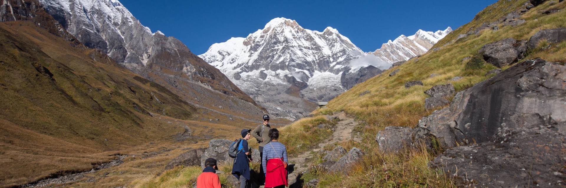 A family trekkers approaching annapurna base camp